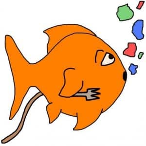 Cartoon of a goldfish eating lots of fish flakes using a fork