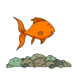 Cartoon of a goldfish swimming over some pebbles