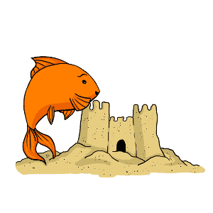 Cartoon of a goldfish building a sand castle