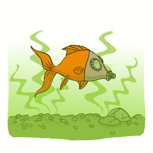 Cartoon of a goldfish wearing a mask to protect itself from a bad smell