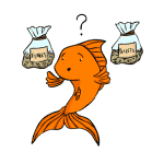 Cartoon of a goldfish choosing between a bag of flake food and a bag of pellets